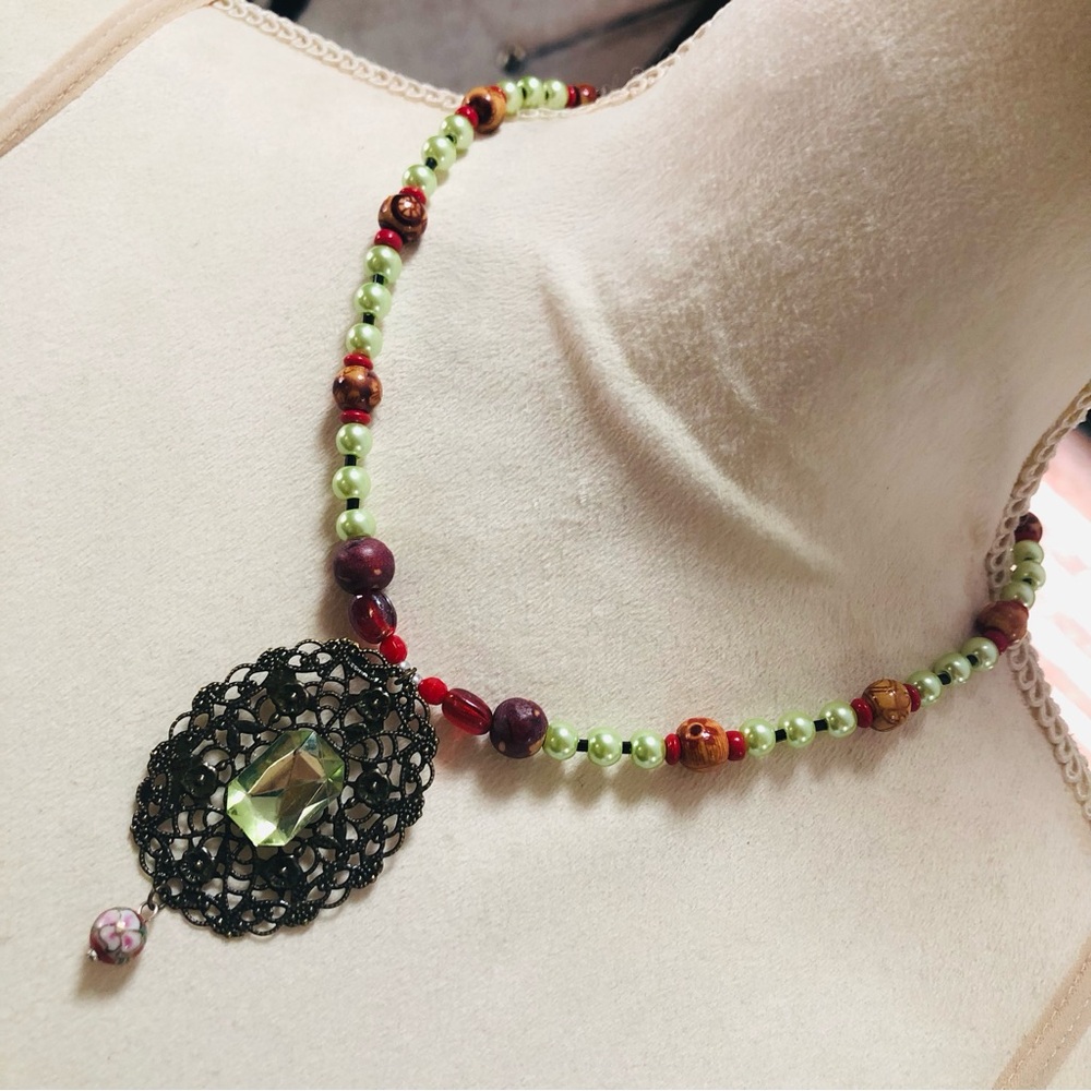 Handcrafted repurpose filigree large stone cloisonné pendant bead necklace